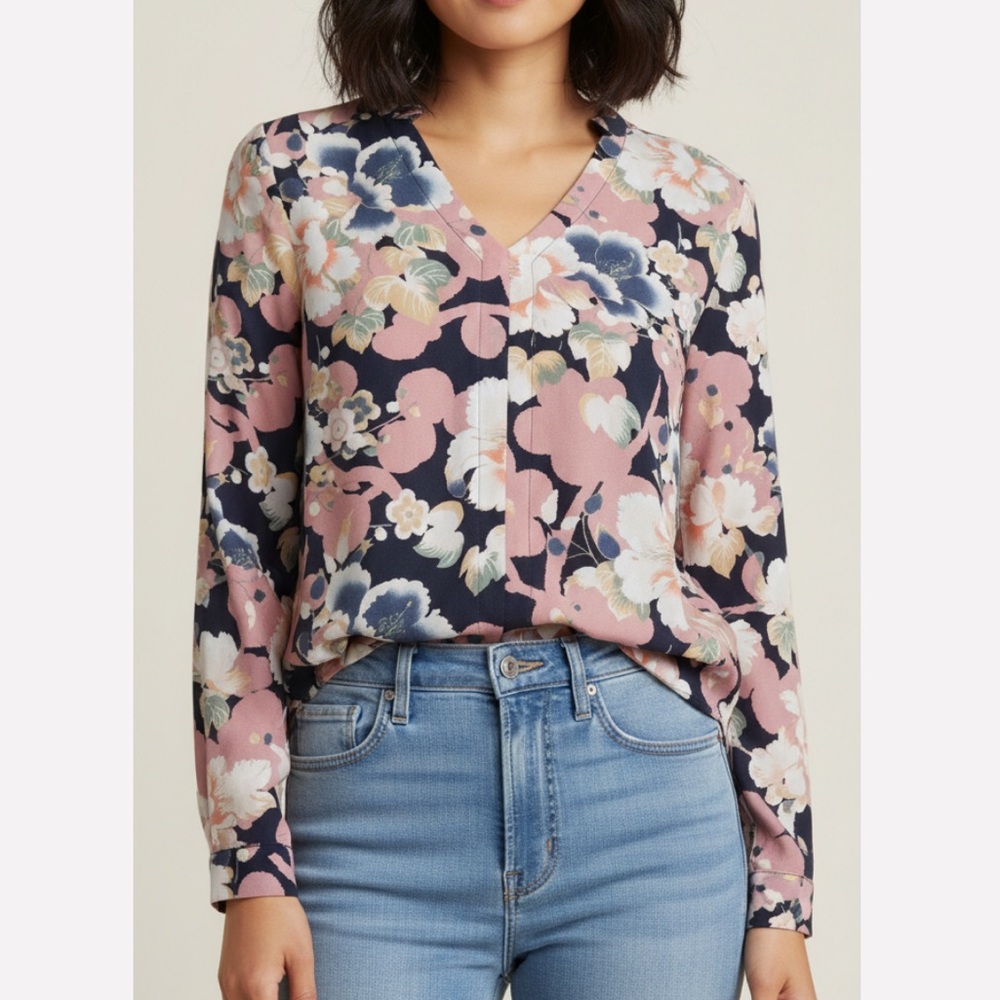 LOFT Floral V-Neck Long Sleeve Blouse